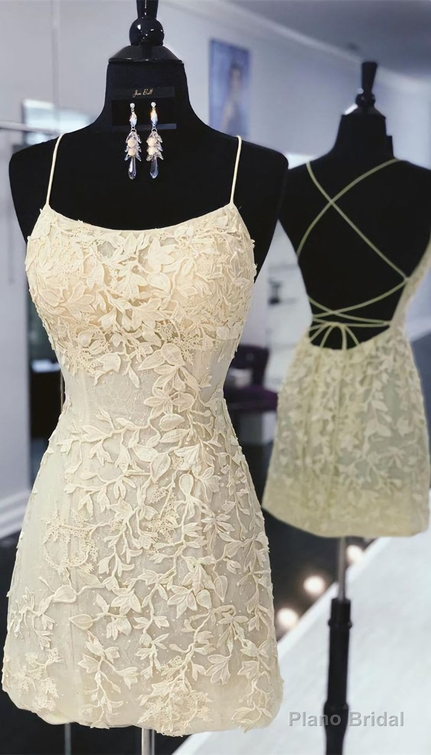 tight yellow lace homecoming dresses, short yellow homecoming dress with lace up back Main image