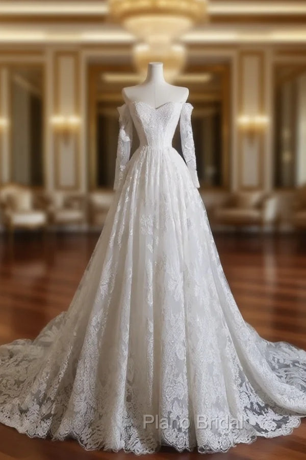 Timeless A Line Off The Shoulder White Lace Long Sleeves Wedding Dresses Bridal Dresses Main image