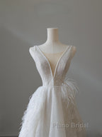 Timeless A Line V Neckline Sequin Sleeveless White Wedding Dresses Brides Dresses