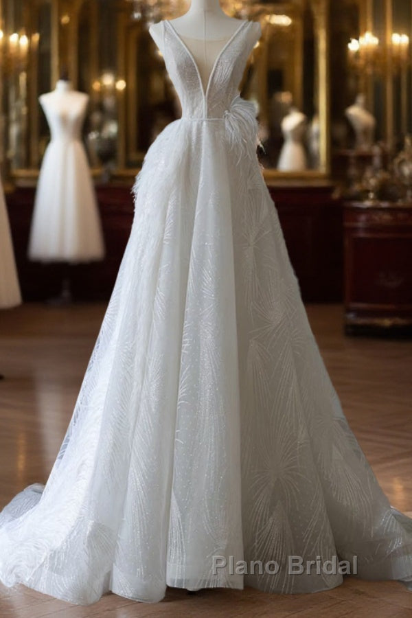 Timeless A Line V Neckline Sequin Sleeveless White Wedding Dresses Brides Dresses Main image