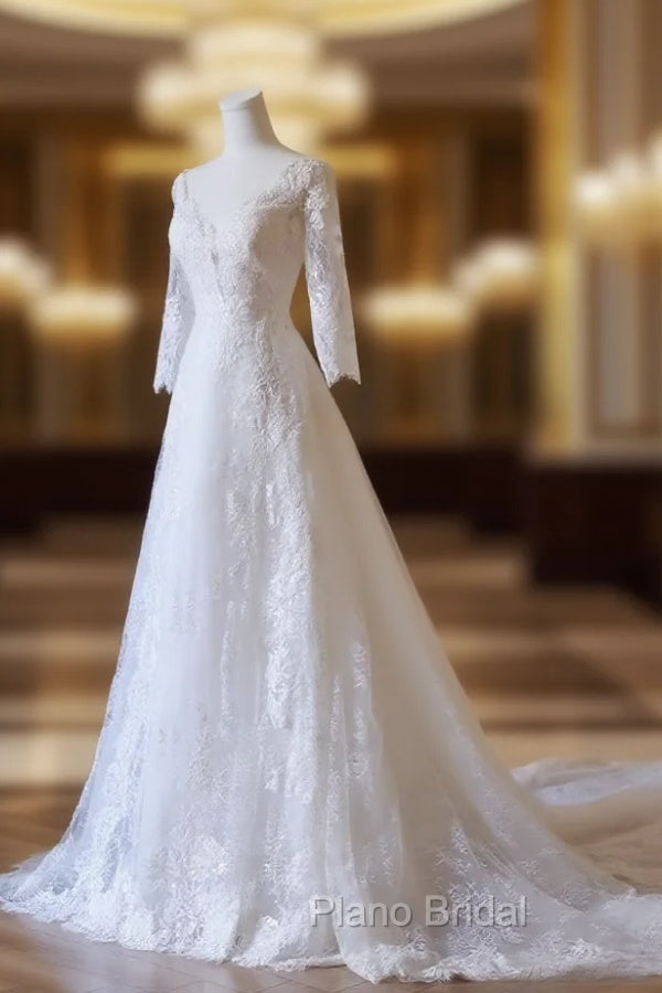 Timeless A Line V Neckline Tulle White Lace Long Wedding Dresses Bridal Dresses Main image
