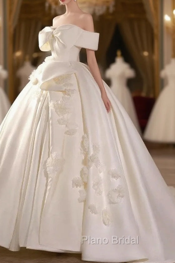 Timeless Ball Gown Off The Shoulder Short Sleeves Satin White Wedding Dresses Brides Dresses Main image