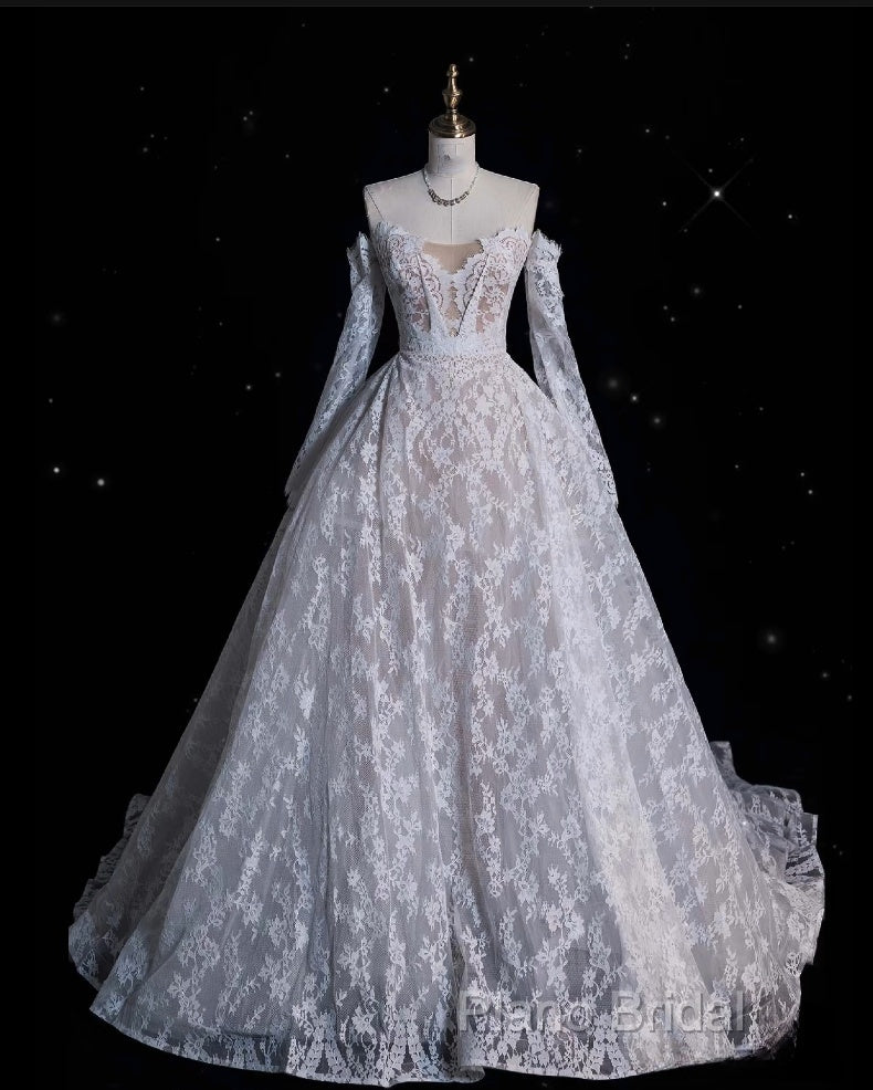 Timeless Ball Gown Off The Shoulder White Lace Long Wedding Dresses Bridal Dresses