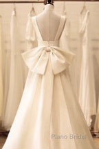 Timeless High Low Square Neckline Long White Satin Wedding Dresses
