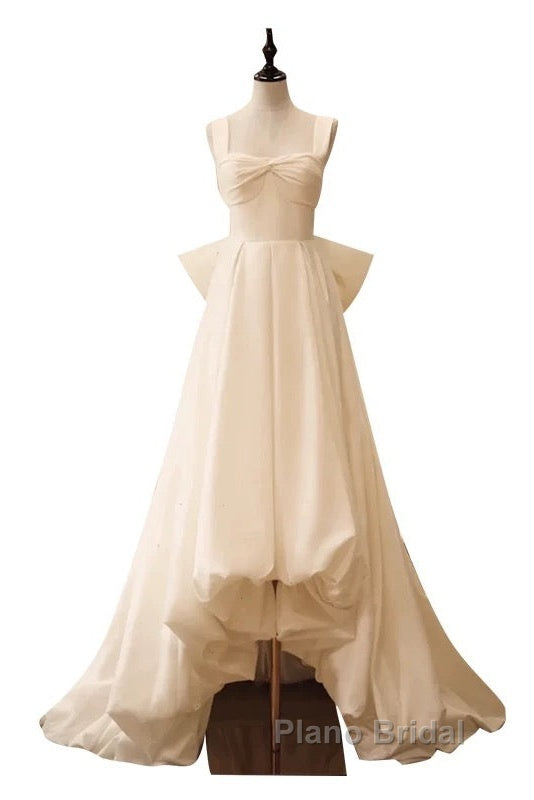 Timeless High Low Square Neckline Long White Satin Wedding Dresses
