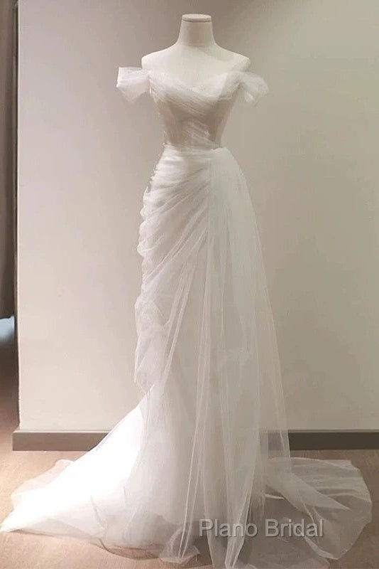 Timeless Mermaid Off The Shoulder Tulle White Wedding Dresses