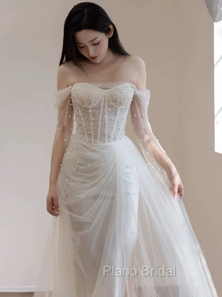 Timeless Mermaid Off The Shoulder White Tulle Long Wedding Dresses Bridal Dresses