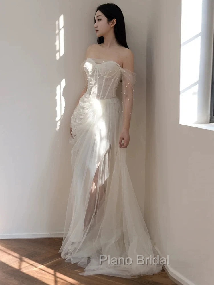 Timeless Mermaid Off The Shoulder White Tulle Long Wedding Dresses Bridal Dresses
