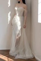Timeless Mermaid Off The Shoulder White Tulle Long Wedding Dresses Bridal Dresses