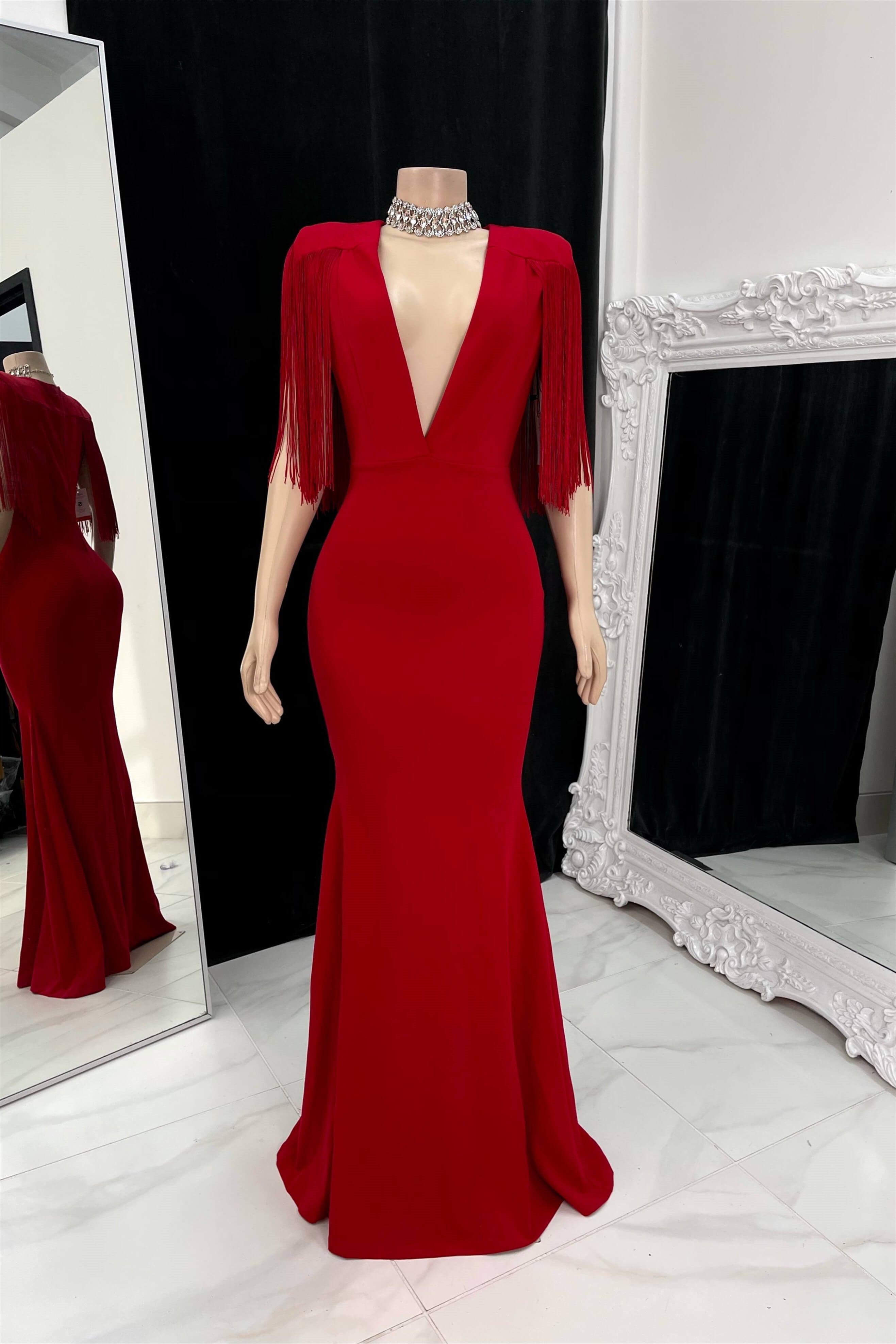 Timeless Red V-Neck Short Sleeves Satin Prom Dresses Mermaid Tassel With Zipper