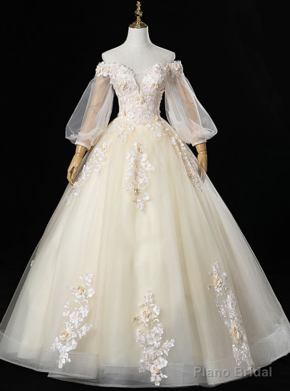 To Choose From Champagne Ball Gown Tulle Off the Shoulder Appliques Long Sleeve Quinceanera Dress Main image