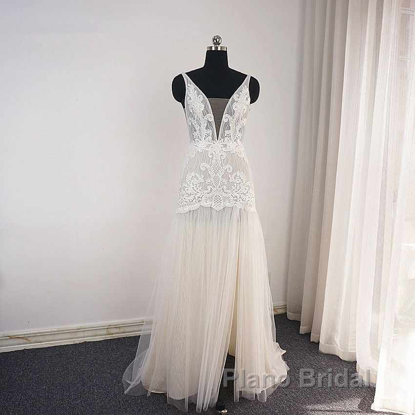 Trendy Ivory Sleeveless Lace Tulle High split A line Wedding Dress