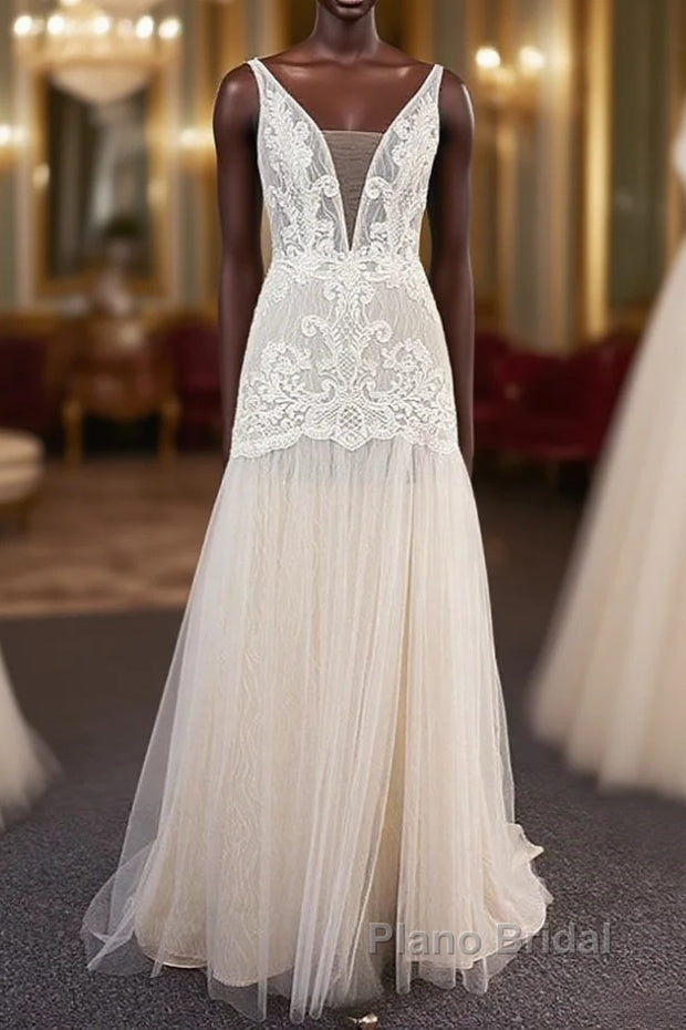 Trendy Ivory Sleeveless Lace Tulle High split A line Wedding Dress Main image