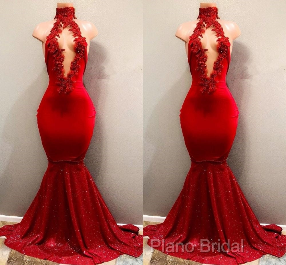 Trendy Mermaid Red Lace High Neck Formal Prom Party Gowns| Red Formal Prom Party Gowns Secondary image