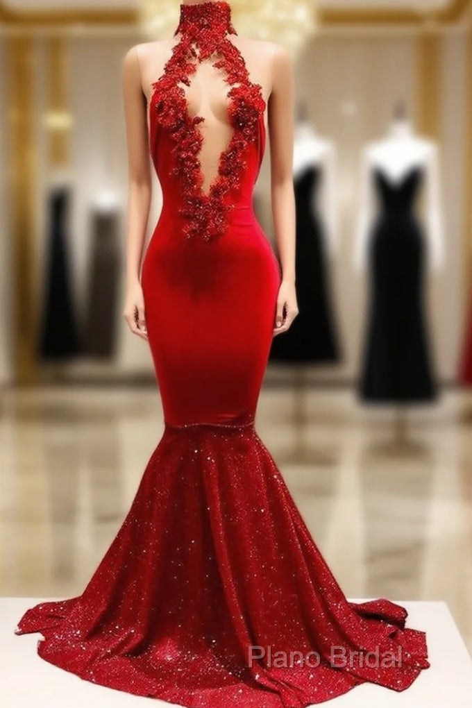 Trendy Mermaid Red Lace High Neck Formal Prom Party Gowns| Red Formal Prom Party Gowns Main image
