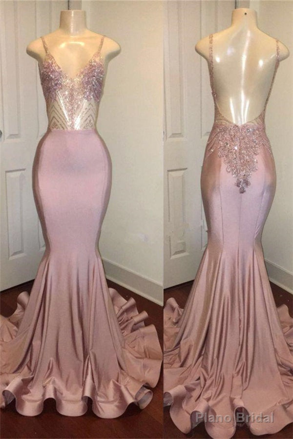 Trendy Pink Beads Spaghetti Strap Prom Party Gowns| Mermaid Prom Party Gowns Main image