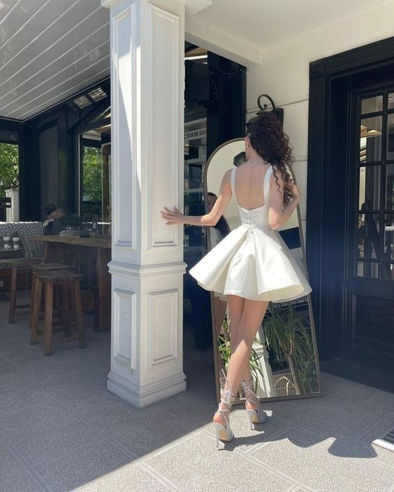 Simple Sequare Neck White Short Formal Prom Dresses,Elegant Homecoming Dresses