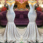 Trumpet Mermaid Beading Sequin White Formal Prom Dresses