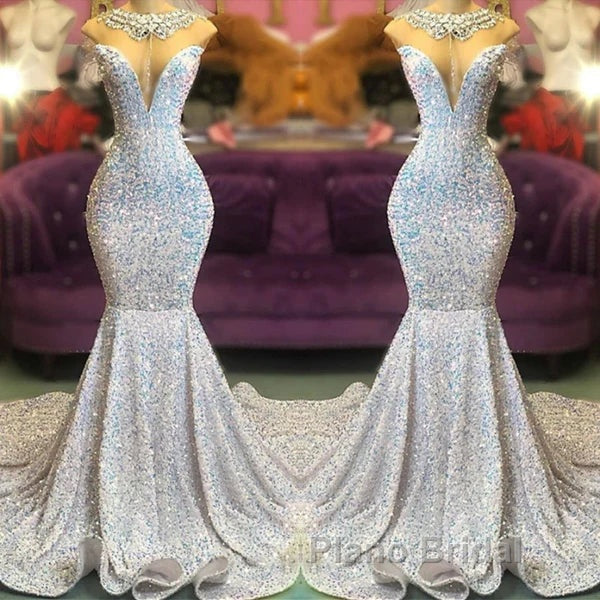 Trumpet Mermaid Beading Sequin White Formal Prom Dresses