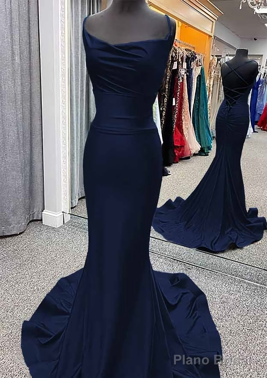 Trumpet/Mermaid Cowl Neck Spaghetti Straps Sweep Train Jersey Prom Dresses With Pleated Secondary image