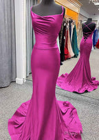 Trumpet/Mermaid Cowl Neck Spaghetti Straps Sweep Train Jersey Prom Dresses With Pleated