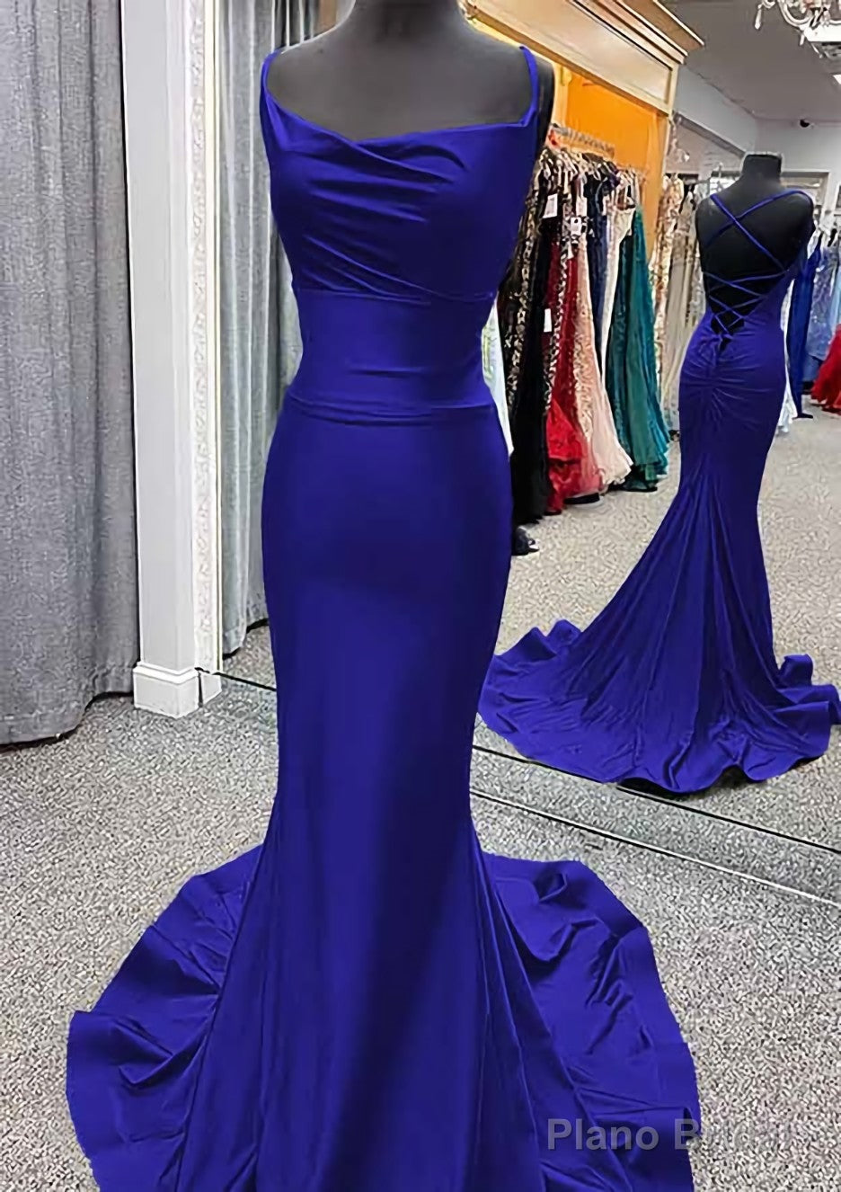 Trumpet/Mermaid Cowl Neck Spaghetti Straps Sweep Train Jersey Prom Dresses With Pleated
