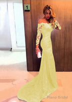 Trumpet/Mermaid Full/Long Sleeve Bateau Chapel Train Lace Prom Dresses With Appliqued
