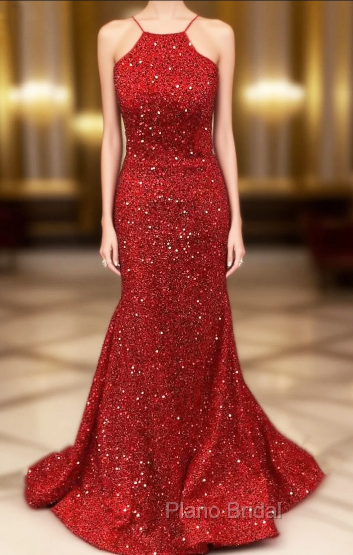 Trumpet/Mermaid Halter Sleeveless Sweep Train Velvet Sequins Formal Prom Dresses Main image