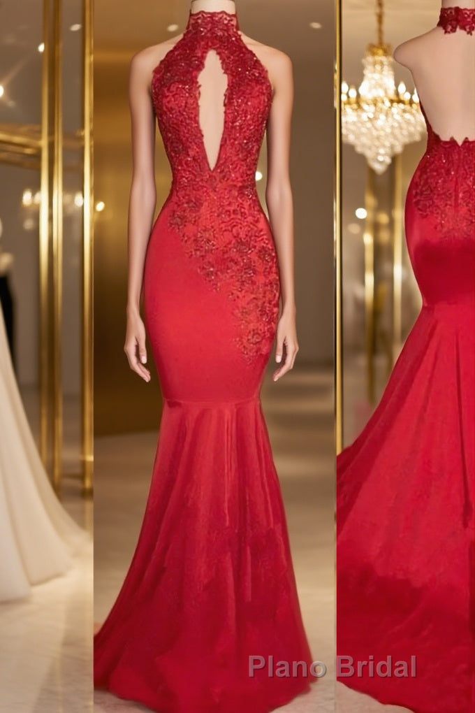 Trumpet/Mermaid Halter Sweep Train Charmeuse Formal Prom Dresses With Appliques Lace