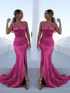 Trumpet/Mermaid Halter Sweep Train Silk like Satin Prom Dresses With Leg Slit