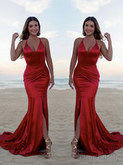 Trumpet/Mermaid Halter Sweep Train Silk like Satin Prom Dresses With Leg Slit