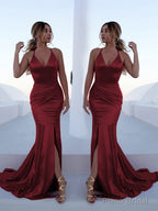 Trumpet/Mermaid Halter Sweep Train Silk like Satin Prom Dresses With Leg Slit