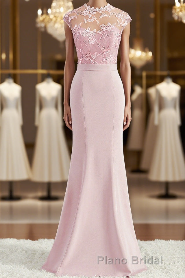 Trumpet/Mermaid High Neck Floor-Length Stretch Crepe Bridesmaid Dresses with Appliques Lace Main image