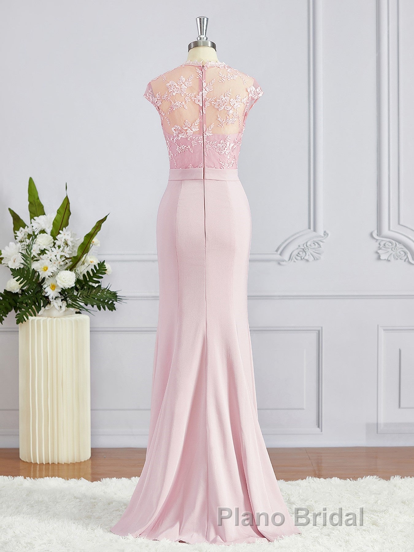 Trumpet/Mermaid High Neck Floor-Length Stretch Crepe Bridesmaid Dresses with Appliques Lace