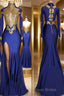 Trumpet/Mermaid High Neck Sweep Train Jersey Formal Prom Dresses With Leg Slit