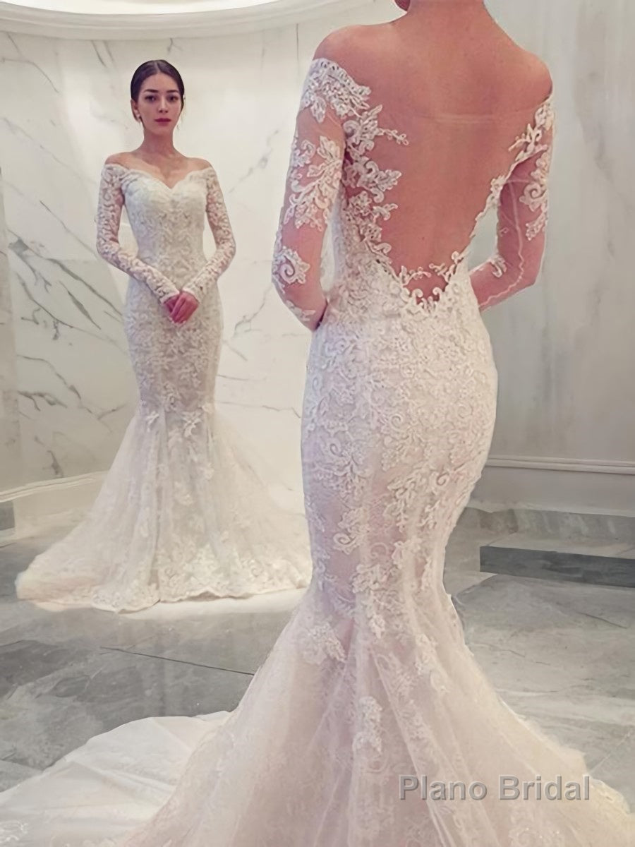 Trumpet/Mermaid Off-the-Shoulder Chapel Train Lace Wedding Dresses With Appliques Lace Main image