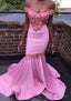 Trumpet/Mermaid Off-the-Shoulder Court Train Satin Prom Dresses With Beading Flowers