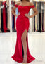 Trumpet/Mermaid Off-the-Shoulder Short Sleeve Long/Floor-Length Satin Prom Dresses With Pleated Split