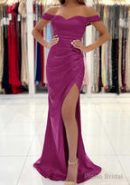 Trumpet/Mermaid Off-the-Shoulder Short Sleeve Long/Floor-Length Satin Prom Dresses With Pleated Split