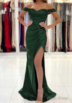 Trumpet/Mermaid Off-the-Shoulder Short Sleeve Long/Floor-Length Satin Prom Dresses With Pleated Split