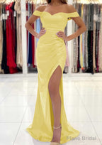 Trumpet/Mermaid Off-the-Shoulder Short Sleeve Long/Floor-Length Satin Prom Dresses With Pleated Split