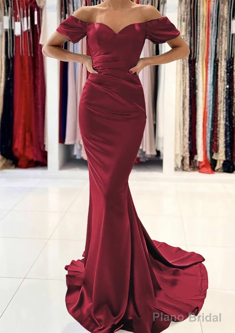 Trumpet/Mermaid Off-the-Shoulder Short Sleeve Satin Sweep Train Prom Dresses With Pleated