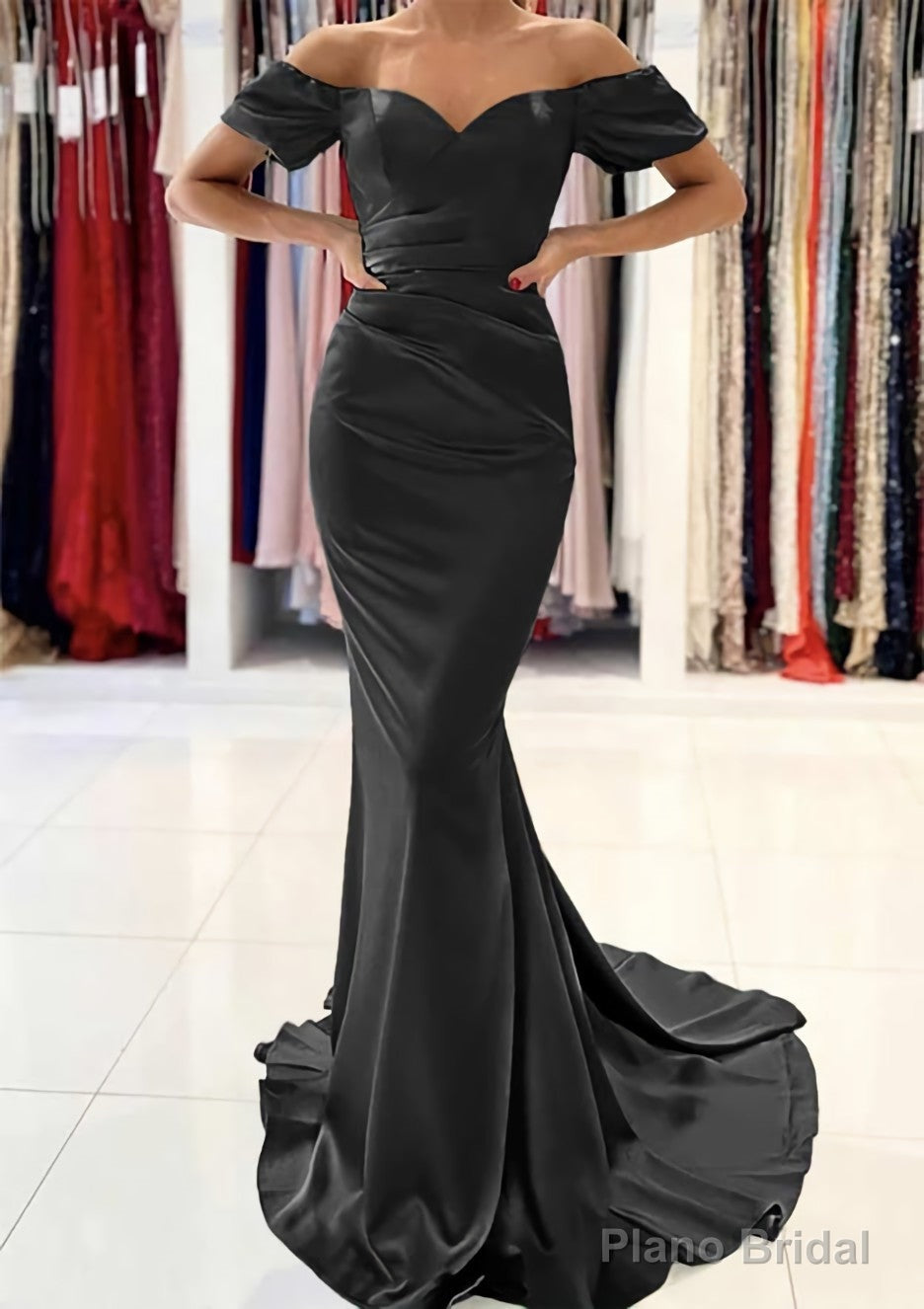 Trumpet/Mermaid Off-the-Shoulder Short Sleeve Satin Sweep Train Prom Dresses With Pleated