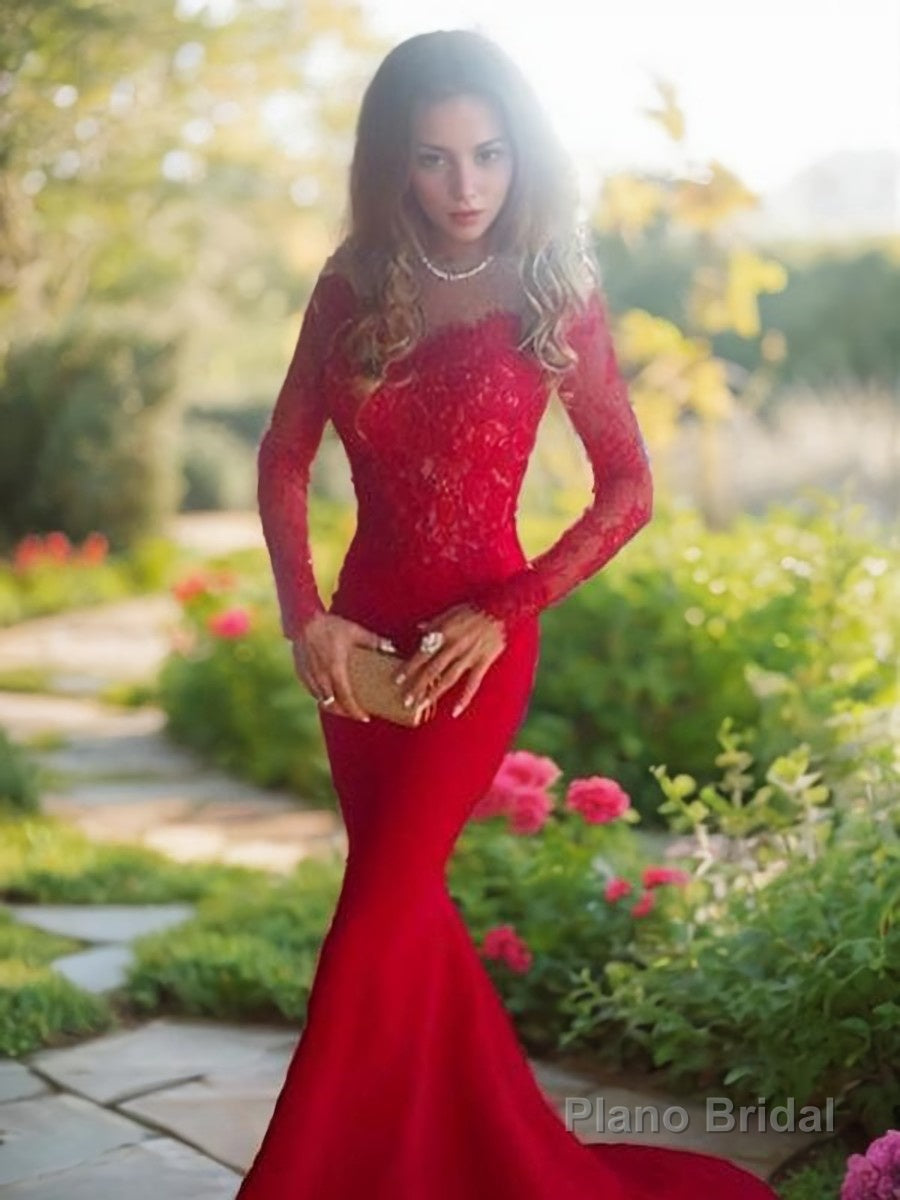 Trumpet/Mermaid Off-the-Shoulder Sweep Train Elastic Woven Satin Prom Dresses With Appliques Lace Main image