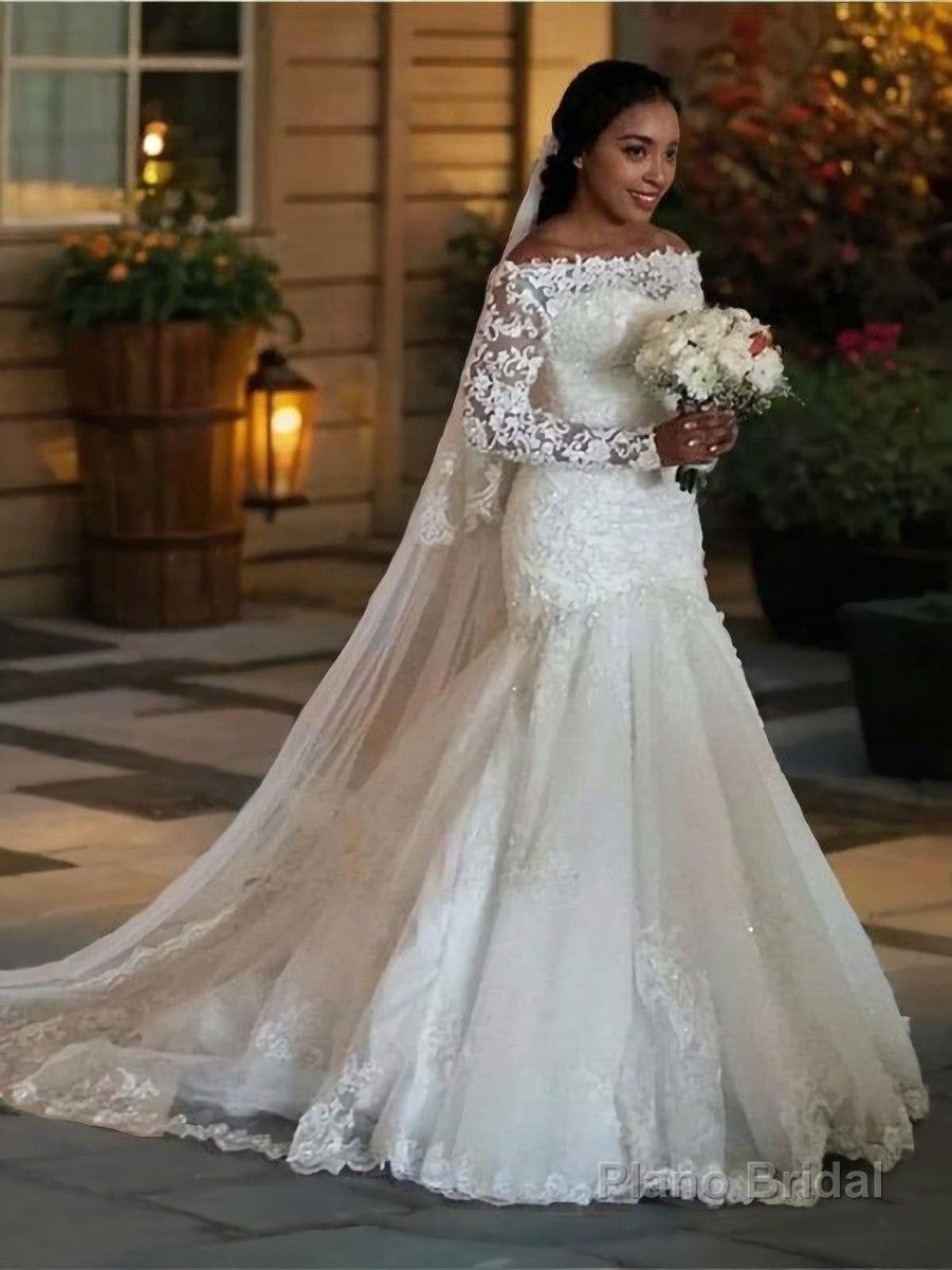 Trumpet/Mermaid Off-the-Shoulder Sweep Train Tulle Wedding Dresses With Appliques Lace