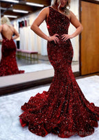Trumpet/Mermaid One-Shoulder Sleeveless Long/Floor-Length Velvet Sequins Prom Dresses