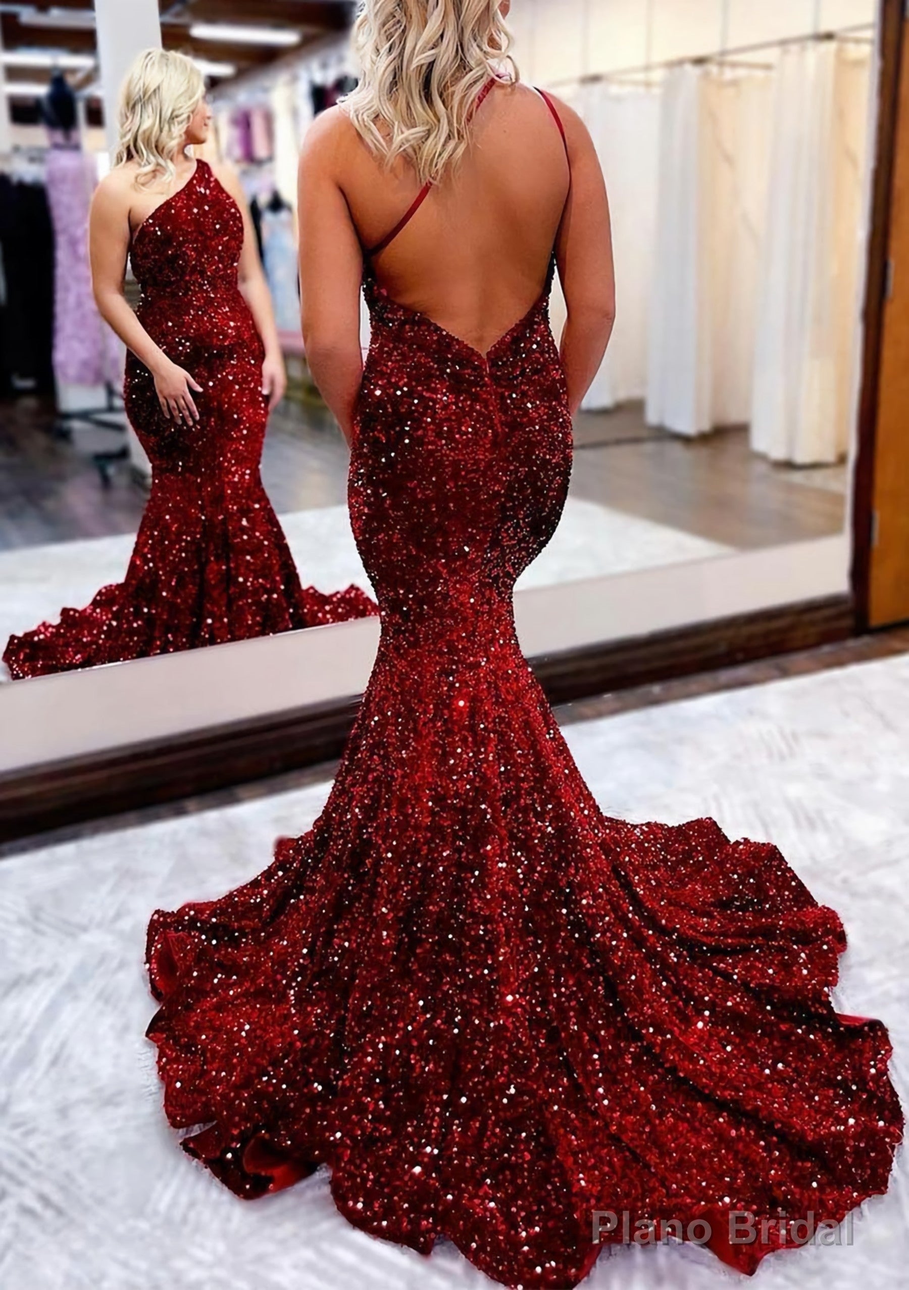 Trumpet/Mermaid One-Shoulder Sleeveless Long/Floor-Length Velvet Sequins Prom Dresses Secondary image