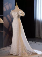 Trumpet Mermaid Puffy Sleeves  Wedding Dresses With Detachable Train