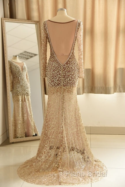 Trumpet Mermaid Scoop Champagne Tulle Beading Luxury Formal Prom Dresses
