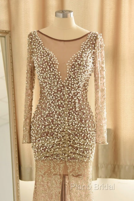Trumpet Mermaid Scoop Champagne Tulle Beading Luxury Formal Prom Dresses